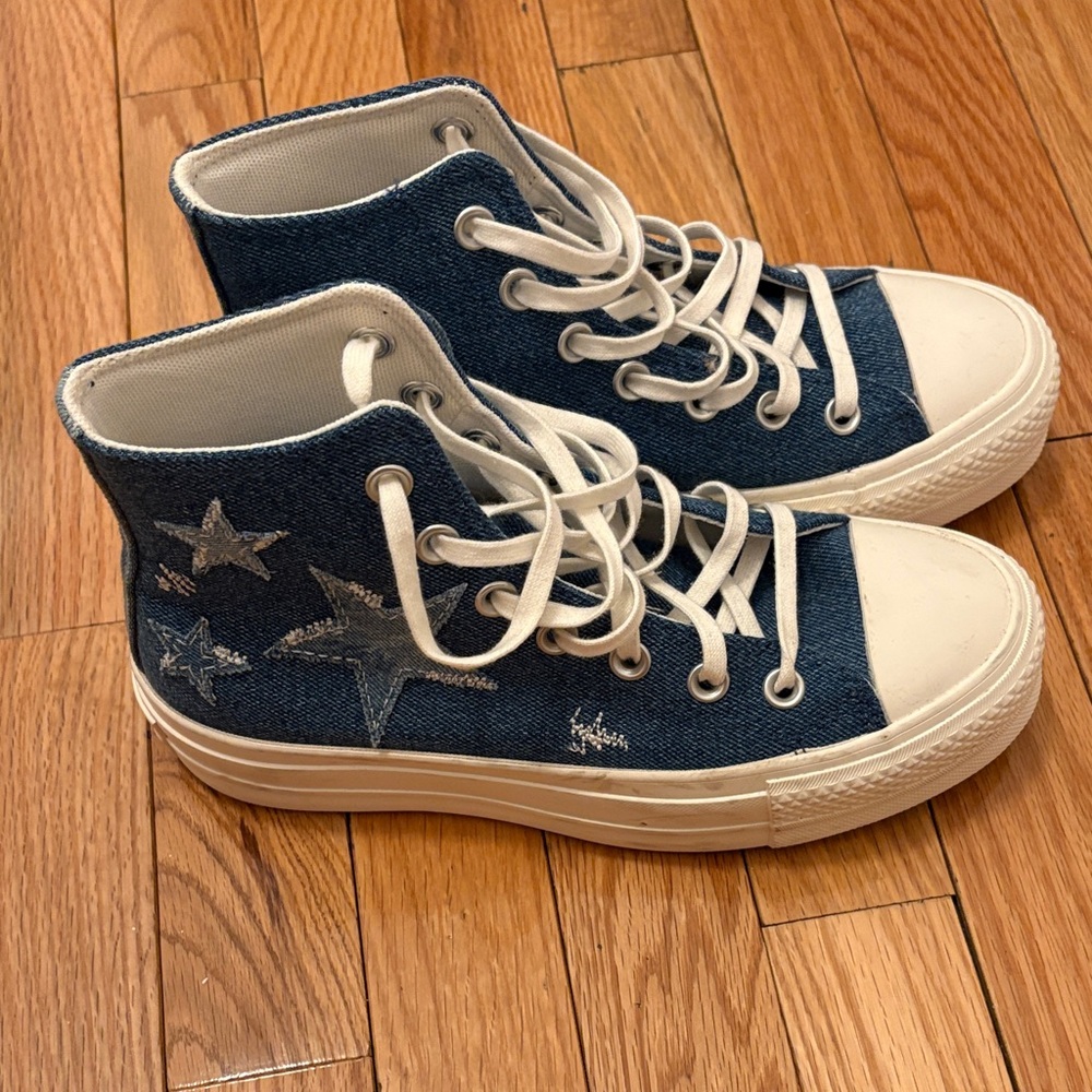 Converse High Top Sneakers Blue with White Accents and Star Patches